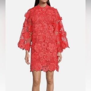J. Marie Seraphina 3D Floral Crochet Shift Dress in Bright Coral